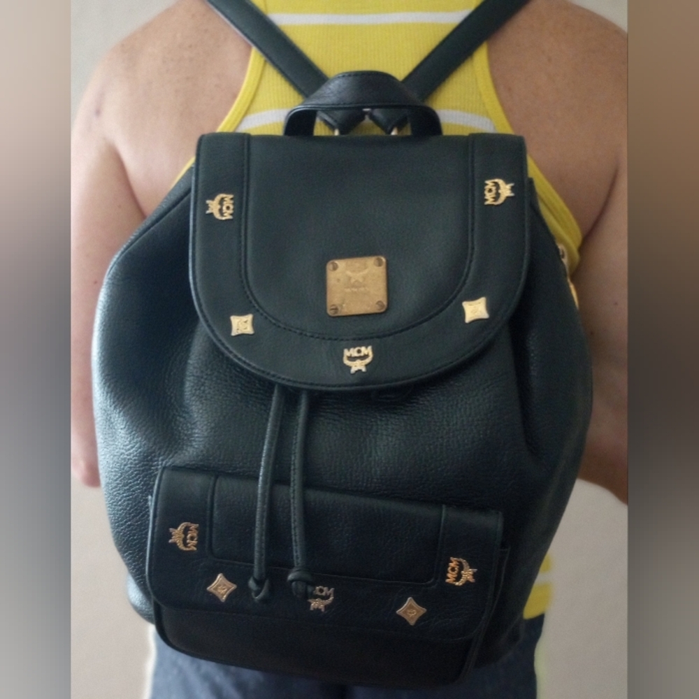 MCM Black Leather Backpack with Gold Accents - Picture 4 of 11